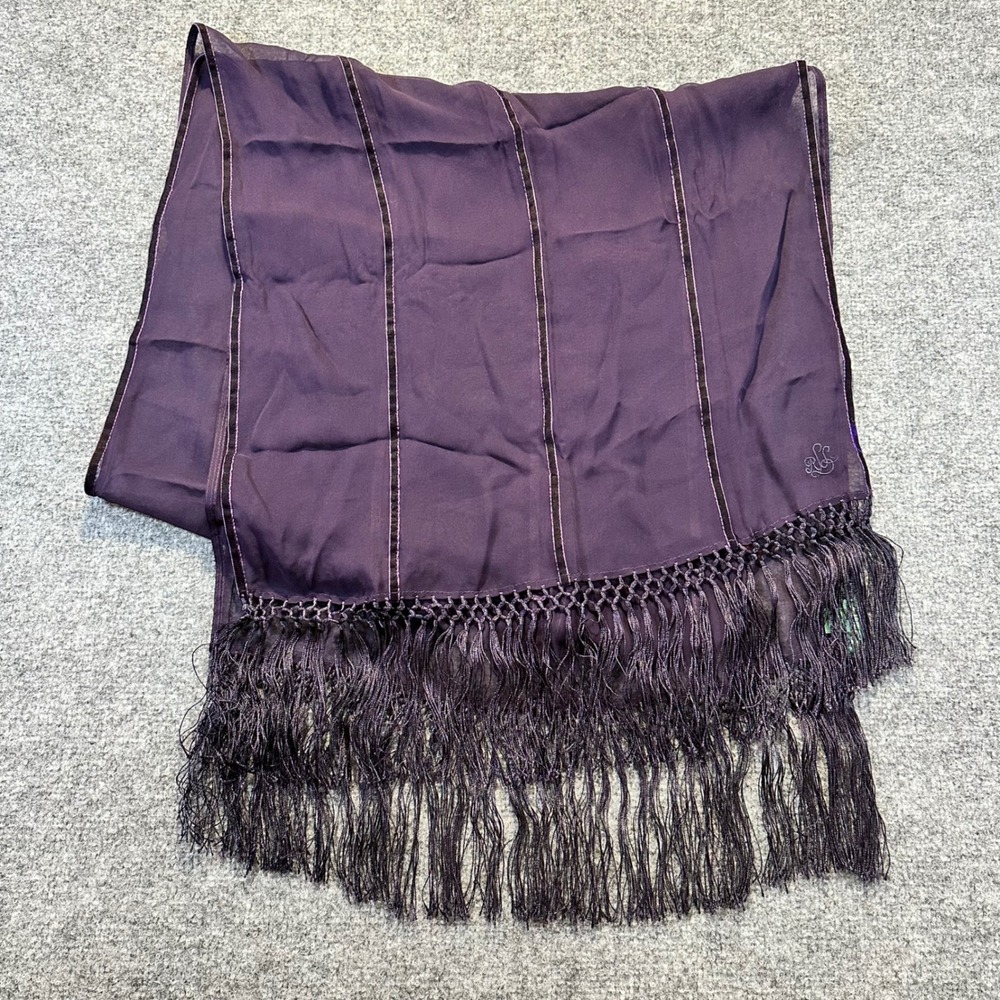 Lauren Ralph Lauren Silk Scarf Women OS Purple Velvet Stripe Fringe Elegant Luxe